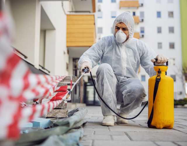 Worker sanitzing store shelves